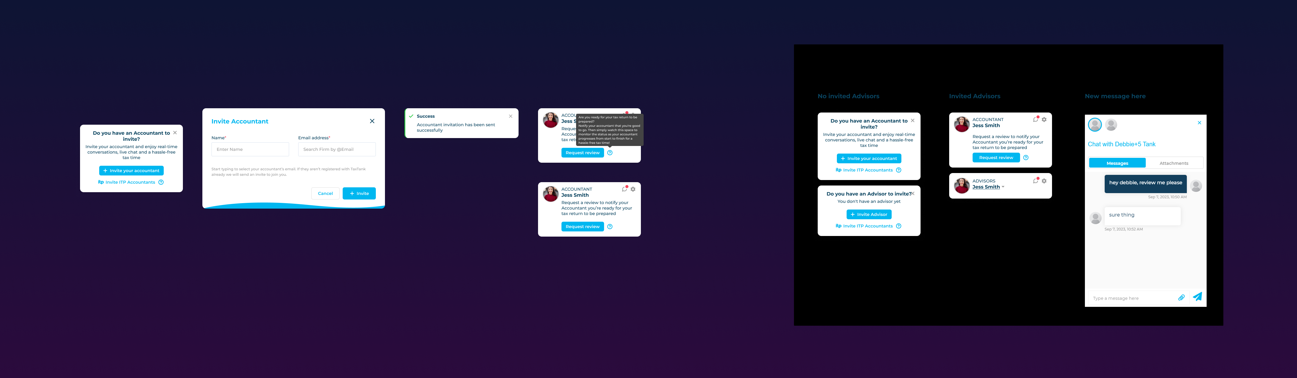 TaxTank — Invite Accountant flow and communication panel