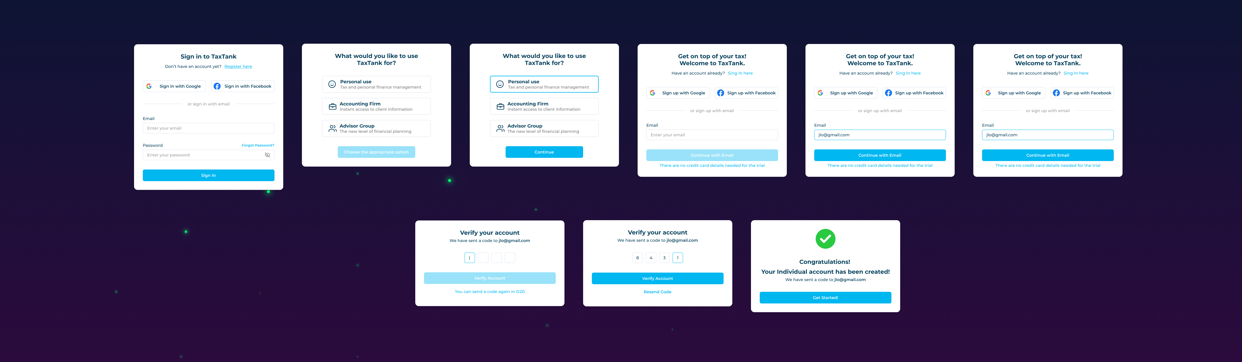 TaxTank — onboarding flow screens