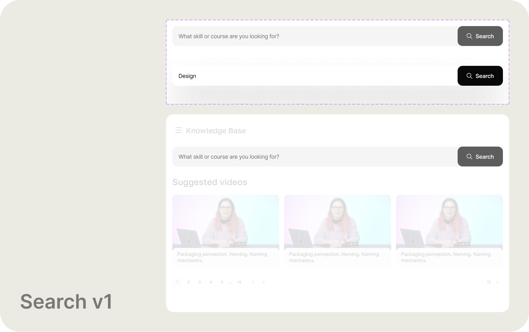 Phase 1 — redesigned search bar, empty and active states, placed in context