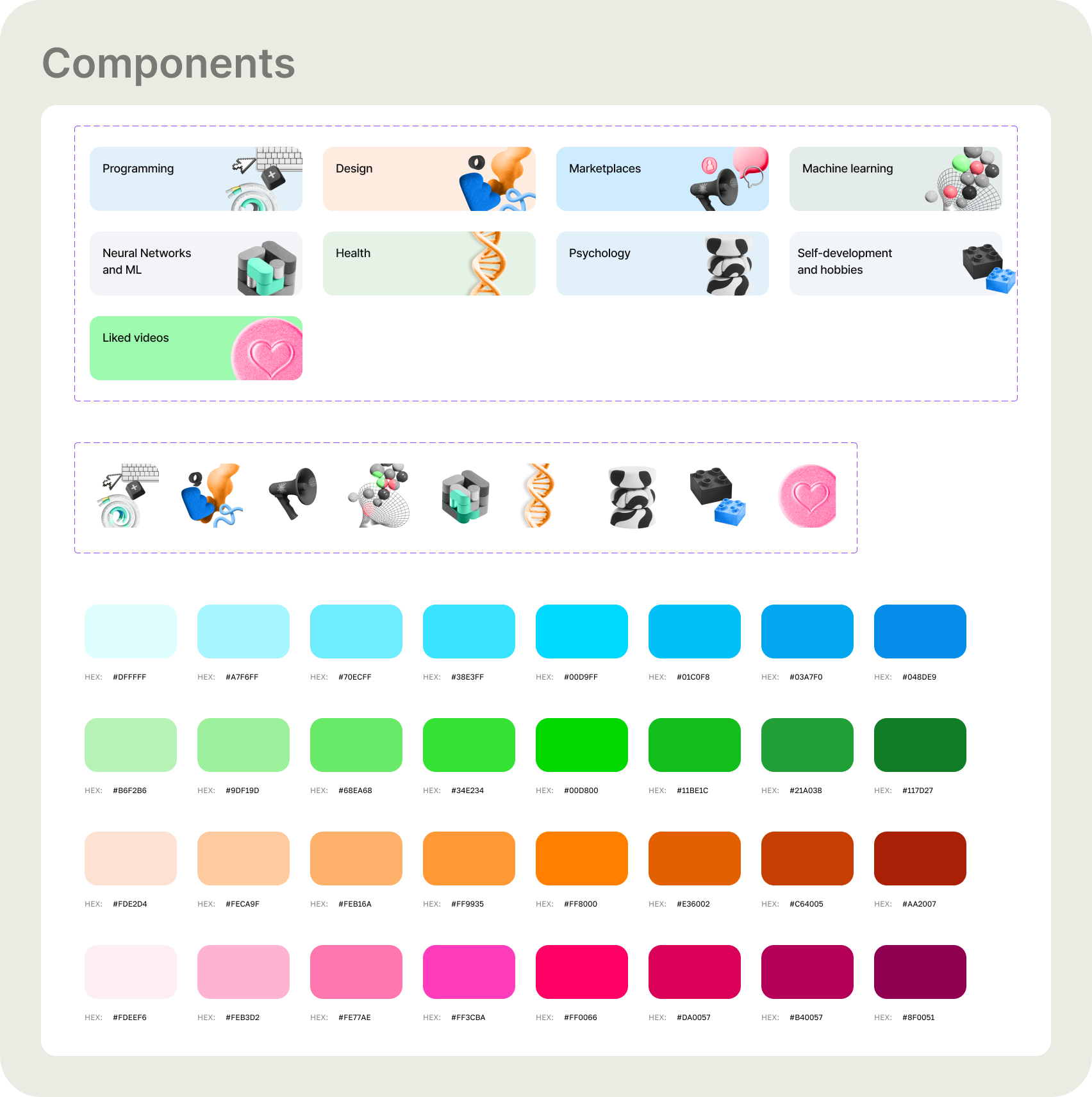 Component library — category widgets with icon set and colour system
