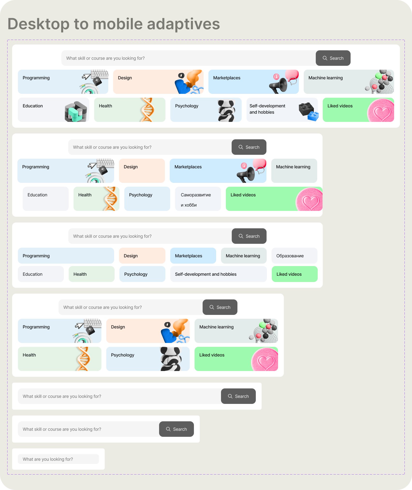 Responsive design — category widgets from desktop to mobile across five breakpoints