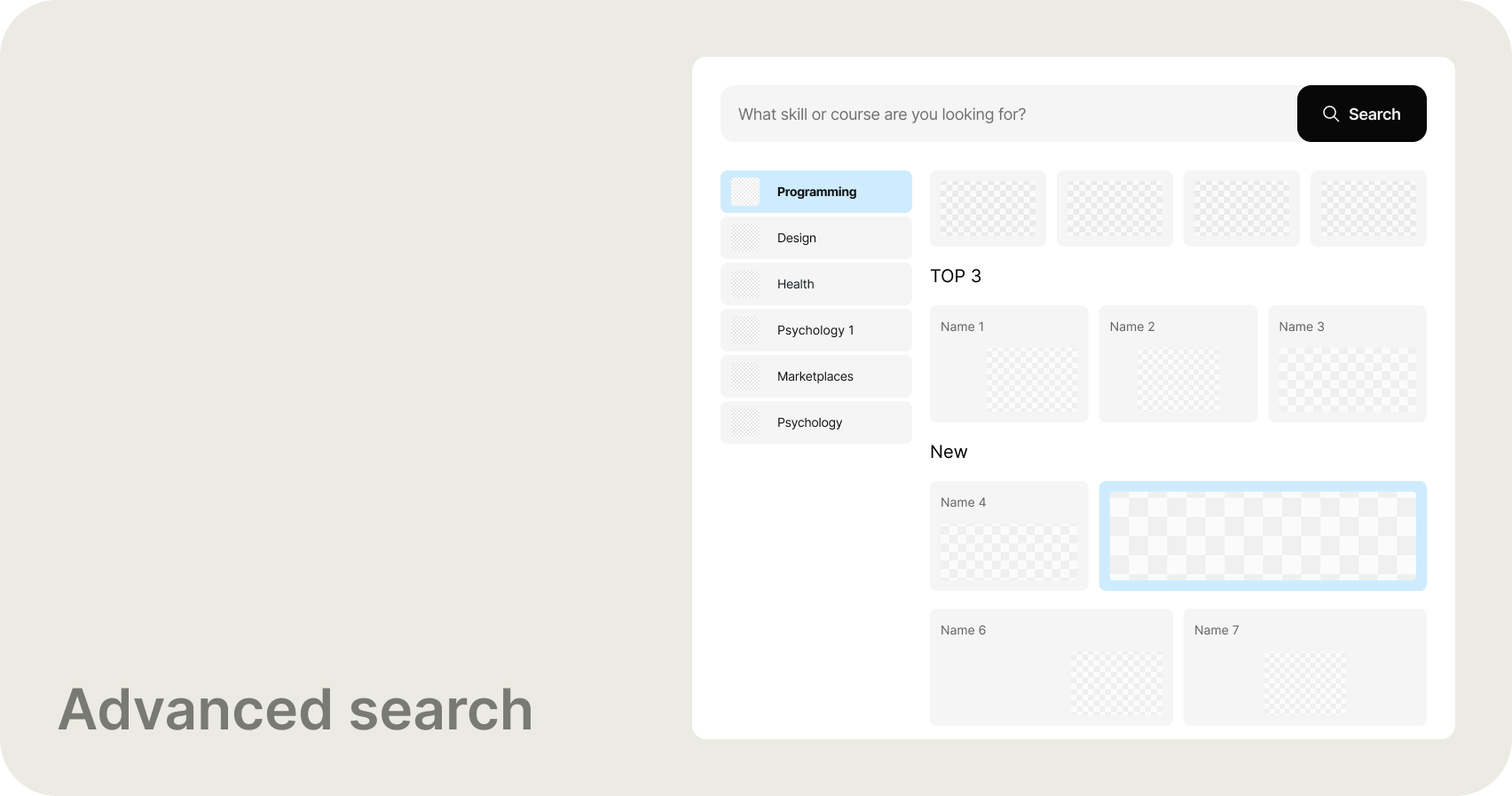 Phase 3 — advanced full-panel search with persistent category sidebar and content grid