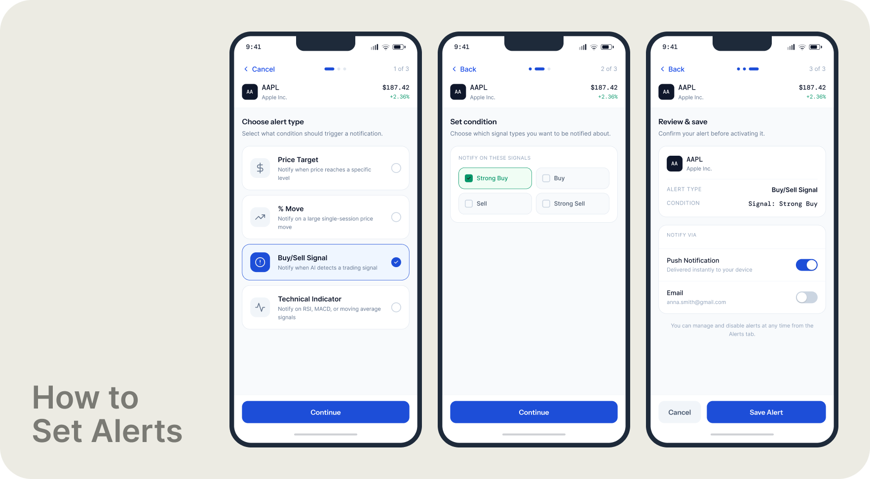 Alert creation — 3-step flow
