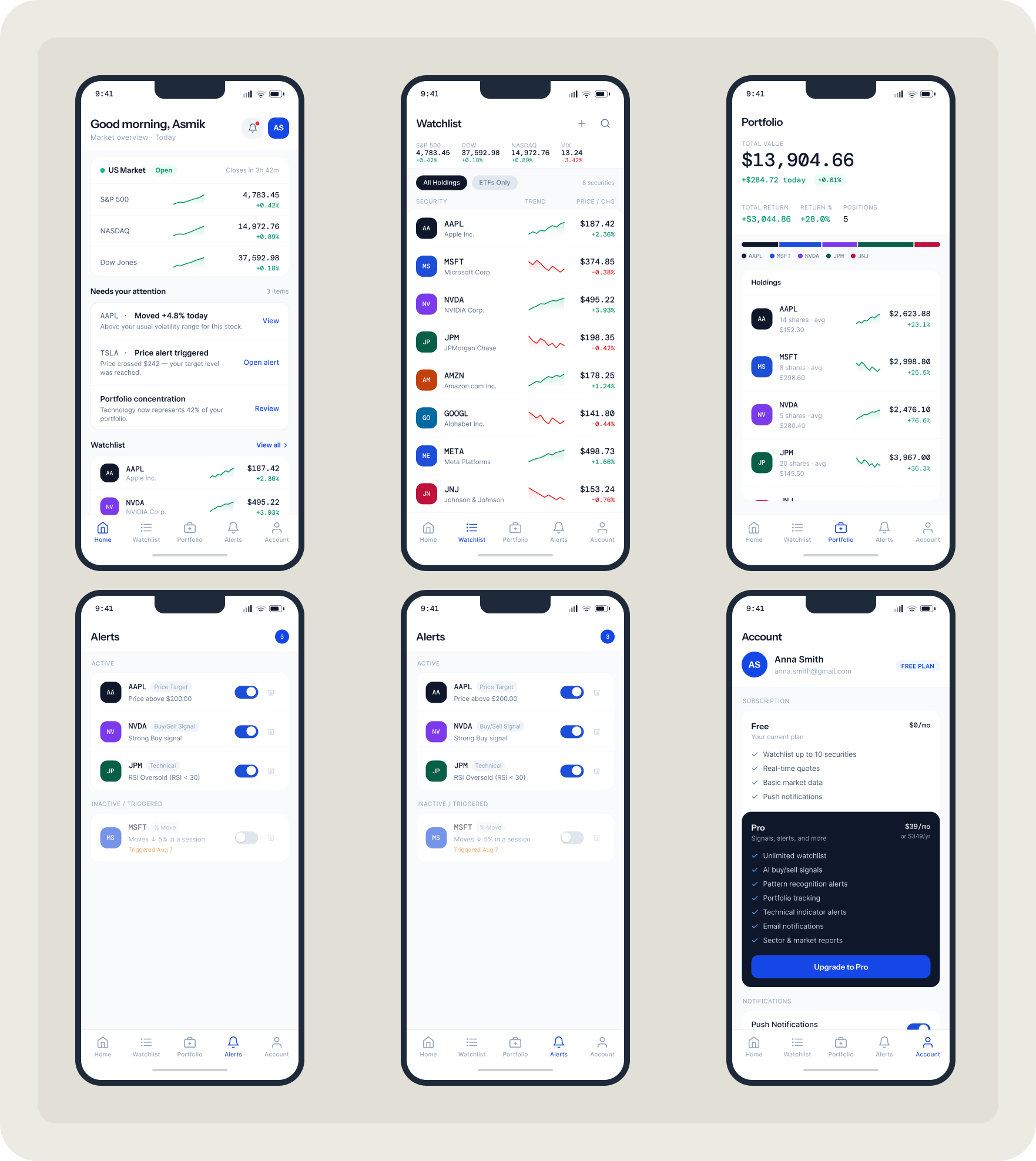 Final design — all screens